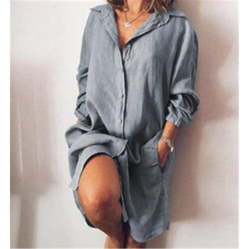 Womens long shirt dress 2021 retro cotton loose casual long-sleeved shirt button cardigan womens solid color fashion top 3XL