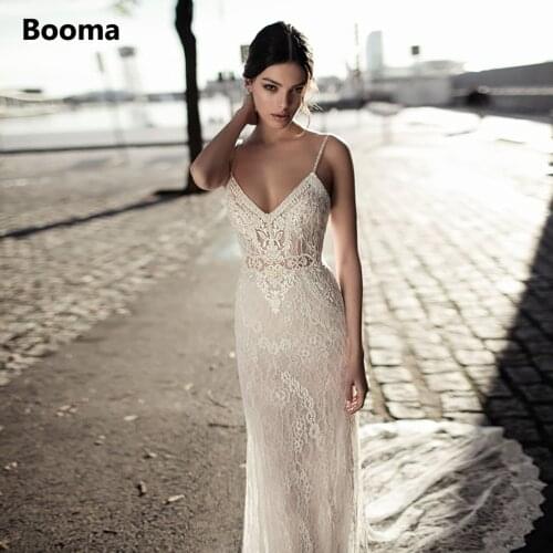 Booma 2020 Sleeveless Lace Wedding Dresses Mermaid Vintage Bridal Gowns Boho V-neck Princess Party Dress Plus Size