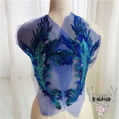 1Pair/2Pcs 27X43cm Sequins Peacock Tail Embroidery Lace Applique Lace Trim Wedding Dress DIY Lace Accessorie 5Colors BD0566