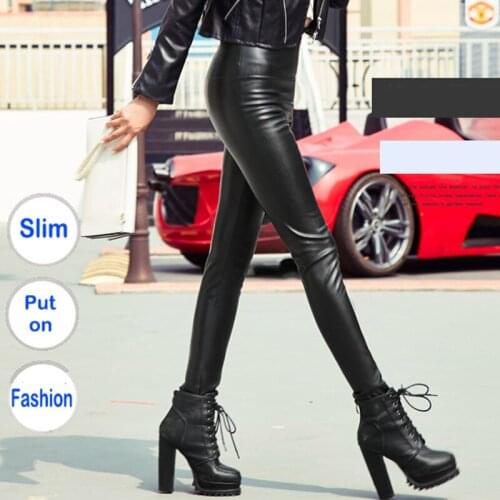 Autumn Winter Women Thin Velvet PU Leather Pants Female Sexy Elastic Stretch Faux Leather Skinny Pencil Pant Women Tight Trouser