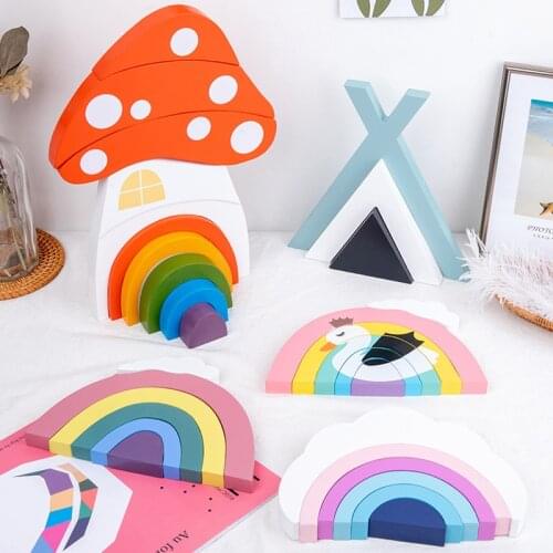 Kids Wooden Blocks Rainbow Cloud Triangle Toys Baby Creative Jenga Building Blocks Nordic Wood Educational Toys Room Decoration