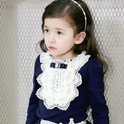 Kids Fashion Bow Tops Tees Cotton Shirts Toddler Children Casual Clothes 2021 Spring Sweet Baby Girls Lace Pearl Flower Blouse