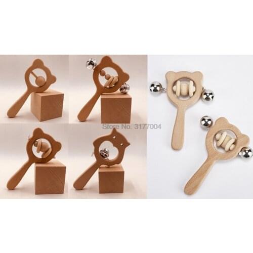 DHL 500pcs Babys Wood Bear Hand Teething Wooden Ring Chew Teething kids Rattles Play Montessori Toy safer fun