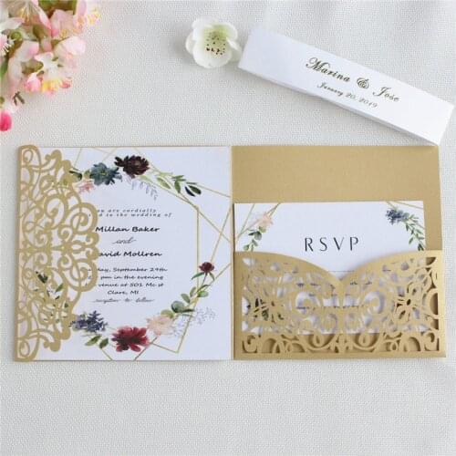 Elegant invite wedding gold silver floral laser cutting tri-fold card invitation set 50pcs/lot