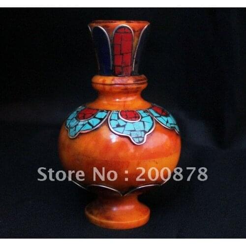 HDC0720 Tibetan decor arts,Beeswax amber vase,105mm,brass inlaid amber Teapot,Resale & Wholesale