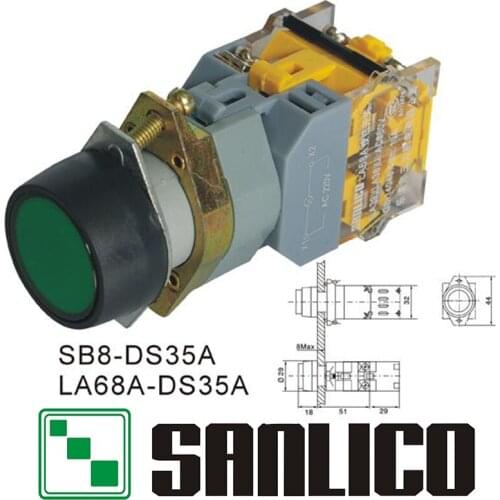 Illuminated push button switch with integral LED SB8(LA68A LAY39)-DS35A push-push to release