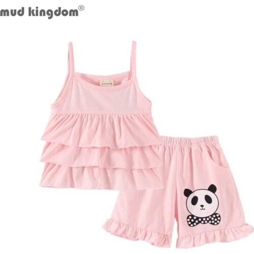 Mudkingdom Cute Girls Outfits Panda Print Ruffle Tank Tops and Shorts Set for Kids Clothes Solid Sleeveless Short Pant Suit Sale