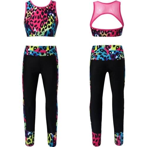 Child Sport Set Girls Printing Gymnastics & Dancewear Outfits Kids Backless Tank Top Crop Top + Leggings Yoga Fitness Sets