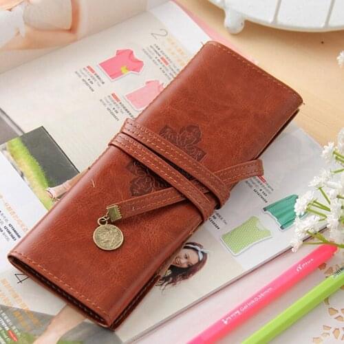 Korea Creative Stationery Pencil Pouch Pure Color Pen Bag 3 PCS/Lot PU Retro Roll Pencil Curtain