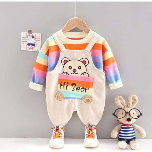 1-4 years old boys and girls baby clothes suit cute rainbow striped long-sleeved suspenders suit boy cartoon bear two-piece suit