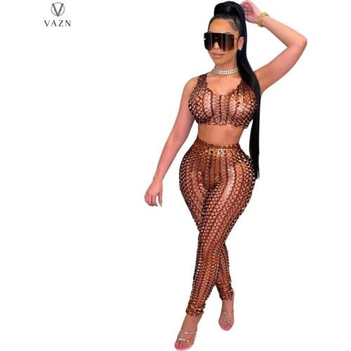 VAZN 2020 Hot Summer Boho Lace Up Women Sleeveless Casual Bandage Set Tracksuit Sexy Suit 2 Piece Set Lady Sets