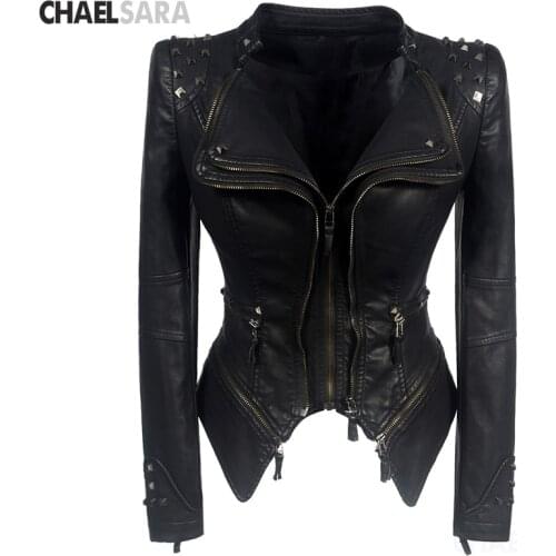 2021 New Fashion Women Motorcycle Faux PU Leather Jacket Lady Long Sleeve Slim Biker Coat