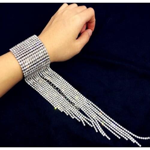 New fashion bling Tassel Rhinestone bracelet for women bride Statement Wedding wide Bracelets charm woman luxury jewelry