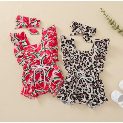 OPPERIAYA 2Pcs Baby Girls Summer Cotton Outfit Watermelon Leopard Print Square Neck Bodysuit Hairband for Toddler 0-24 Months