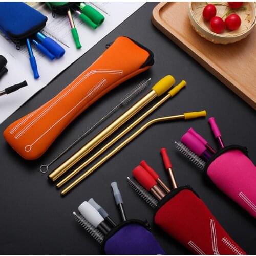 Portable Drinking Straw Set 8pcs/sets Straight Bent Straw With Silicone Tip Cover Cleaning Brush Drinking Straws SN2688