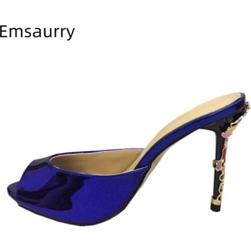 Multicolor Patent Leather Open Toe Lady Mules Colorful Metal Petal Decor High Heel Slingbacks Sandals Women Summer