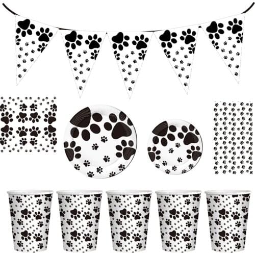 Dog Paw Pattern Paper Cup Plate Napkins Straw Banners Party Decoration Baby Shower Balloons Kids Birthday Party Favor Supplies