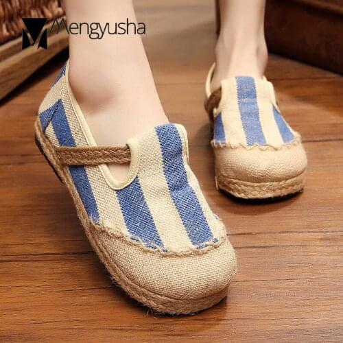 Creepers canvas stripe flats shoes women woven slip on loafers hemp mixed colors shallow round toe espadrilles student shoes2020