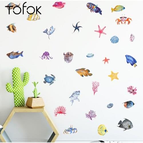 Tofok Ocean World Fish Crab DIY Wall Sticker Home Parlor Kids Room Self-adhesive Mural Decals Household Dorm Decorative Sticker