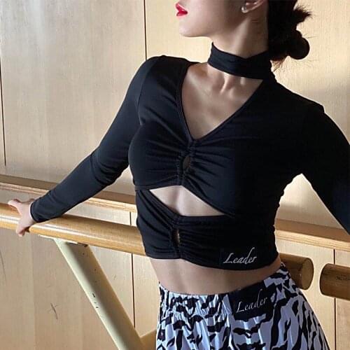 Latin Dance Tops For Women New Long-Sleeved Hanging Neck Costumes With Chest Pad Chacha Ballroom Latin Practice Clothes DN8892