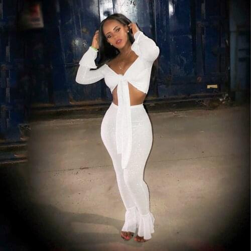 Echoine Autumn Spring Lace Up Crop Top Flare Pants Two Piece Set Sexy Off Shoulder Flare Sleeve Matching Set Skinny Party