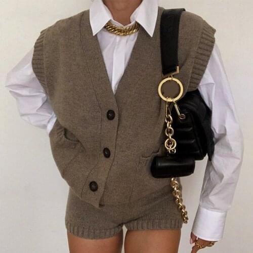 V Neck Sleeveless Vest Sweater Women Button Pockets Loose Jumper Knitted Casual Autumn Winter 2020 New Oversized Cardigans Tops