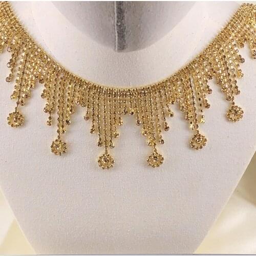 High Quality Gold Tassel Shape Rhinestone Trimming Bridal Trim Belt Cake Banding Applique Formal Gown Belt Rhinestone Fringe