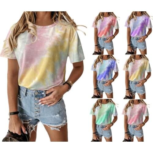 2020 Summer European And American Cross Border Womens Loose Round Neck Short Sleeve Print Tie Dye T-Shirt Top Women