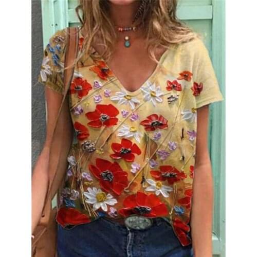 Plus Size Womens V-neck Summer T-shirt Pullover Tie-dye Printing Womens Blouse Casual Ropa Mujer Wn