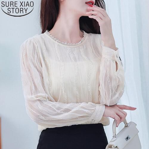 2021 New Korean Elegant Chiffon Shirts Office Lady Mesh Lace Long Sleeve Women Blouse Women Solid Pullover Female Tops 10932