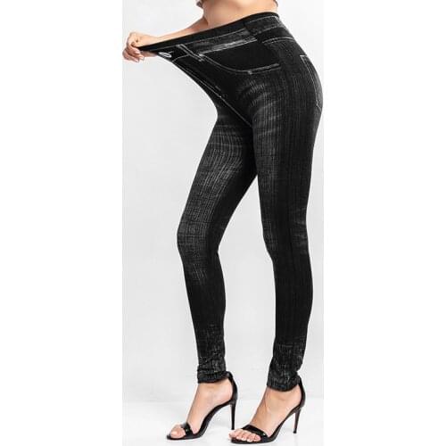 2021 Women High Waist Fake Jeans Leggings Print Ankle Length Pants Super Stretchy Skinny Imitation Jeans Leggings Dropship