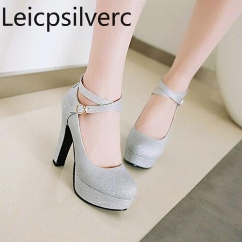 Pumps Spring and autumn new fashion Sequin Round head Shallow mouth Buckle Thick heel High heel Womens shoes plus size 32-43