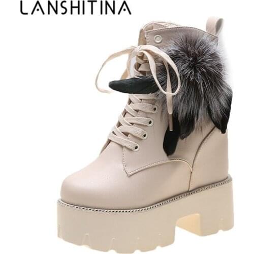 Women Winter Ankle Boots 12CM Warm Fur High Platform Motorcycle Boots Leather High Heels Shoes Woman Chunky Sneakers Winter 2020