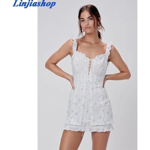 Fashion summer dress women sleeveless zipper cotton embroidery backless ruffles lining white mini dress femme vestidos