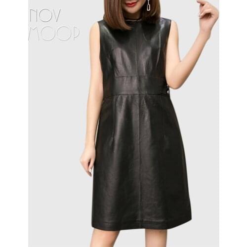 Novmoop Elegant sexy black O-neck natural genuine leather autumn winter women dress with button zipper decor robe femme LT2810