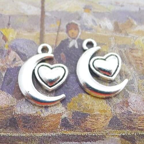Newest 20Pieces 13*17mm Mixed Alloy Antique Silver Color Moon Heart Charms Earrring Pendant Accessory For DIY Jewelry Making