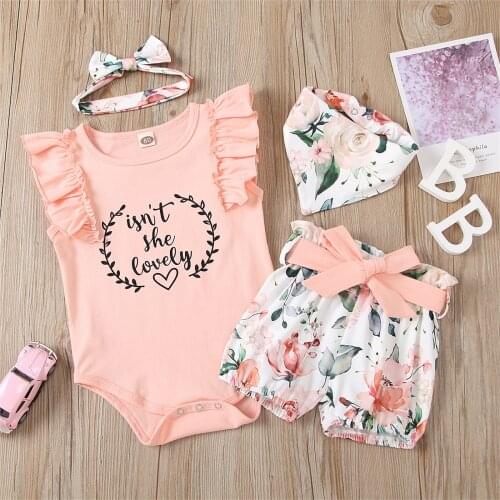 4pcs Newborn Baby Girls Clothes Letter Romper +Floral Shorts +Headbands +Bib Sets Baby Outfits Summer Girl Clothing 6 9 12 18M
