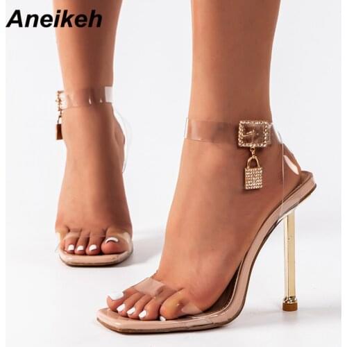Aneikeh NEW2021 PVC Transparent Ankle-Wrap Summer Women Fashion Thin Heels Slippers sexy Shallow Buckle Strap Party Ladies Pumps