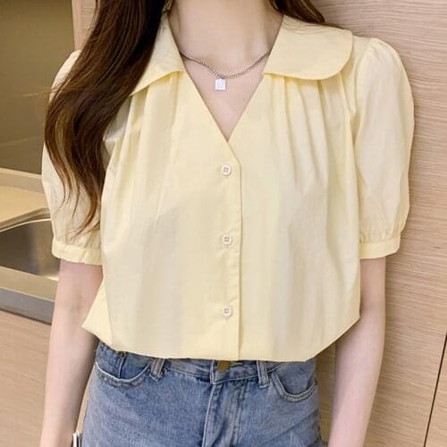 Thin Summer Folds V-Neck Chiffon Blouses Short Sleeve Button Women Shirt 2021 Womens Tops Korean Woman Clothes Chemisier Femme