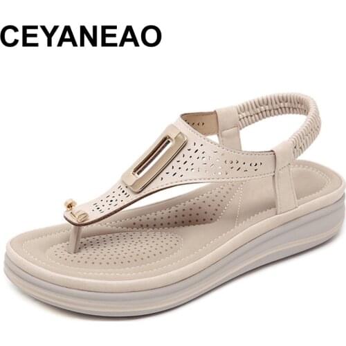 CEYANEAO Brand Women Fashion Sandals Summer Leather Metal Flip Flops 2019 New Arrival Wedges Breathable Beach Shoes Women Slides