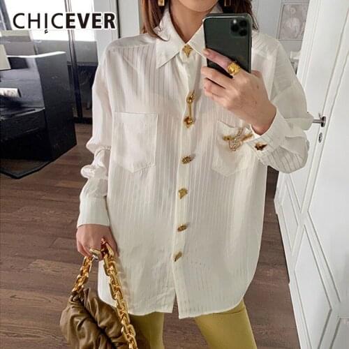 CHICEVER Casual Ruched Diamonds Striped Shirt For Women Lapel Long Sleeve Loose Blouse Female 2021 Spring Clothing Fashion Tide