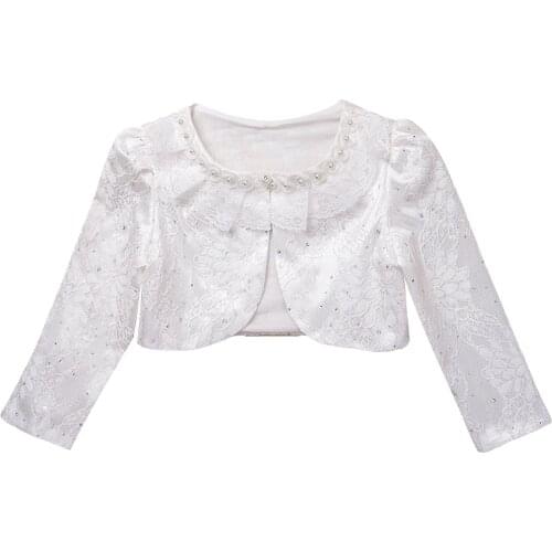 Kid Girls Cardigan Long Sleeves Party Bolero Floral Lace Faux Pearls Neckline Sequins Shrug Cardigan Wedding Event Dress Outwear