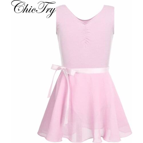Kids Girls Ballet Dance Tutu Dresses Cotton Sleeveless Ballet Dance Gymnastics Leotard with Chiffon Tied Skirt Outfit Set