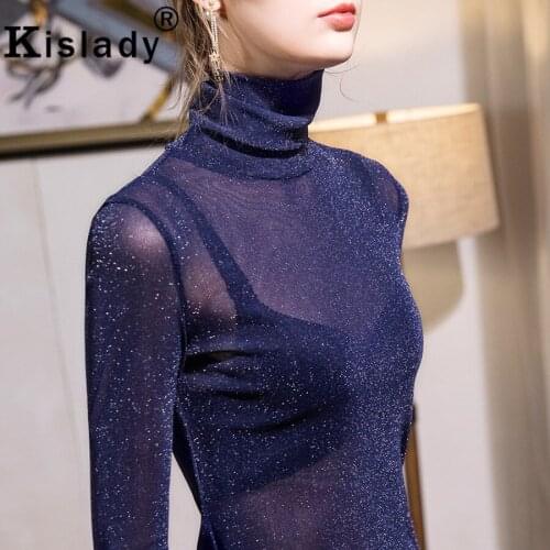 Kisaldy 2020 Turtleneck Long Sleeve Fashion Shirts Sexy Mesh Transparent Shining Tops Shirts Winter Patchwork Charming Clothes