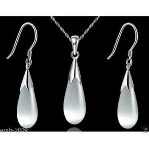 Hot sale new Style 925 Sterling Silver White Opal jade Drop Pendant Necklace Earrings Set