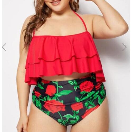 Tankini Swimsuit Sexy Ruffle Push Up Swim Wear 2021 Ruched High Waisted Bathing Suit Plus Size Halter Two Piece Bikini Set 3XL