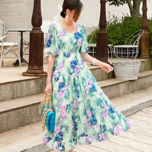 Summer 2021 Runway Elegant Boho Vintage Fairy Casual Tropical Sea Beach Vacation Party Night Vestido New Women Long Floral Dress