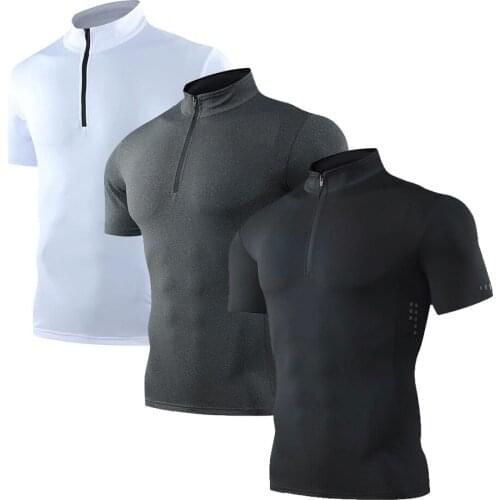 Mens Running T-Shirts, Quick-Drying Compression Sports T-Shirts, Gymnastic Running Zipper Shirts, Fitness Gym Football Shirts