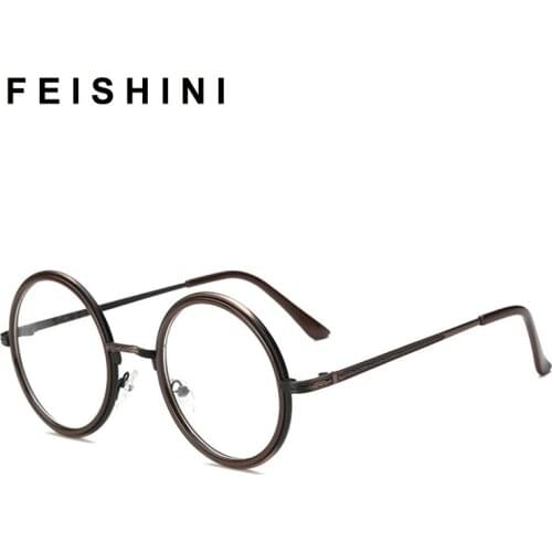 Feishini Myopia Eyeglasses frames Men Round Glasses Clear Vision Optical Glasses Frame Women Vintage Prescription Transparent