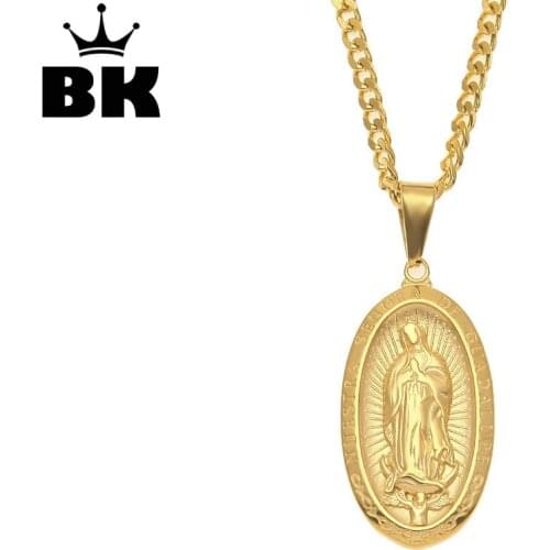 Stainless Steel Oval Saint Virgin Mary Lady of Guadalupe Pendant 3mm 24inch Cuban Chain Gold Tone Nuestra Senora de Guadalupe
